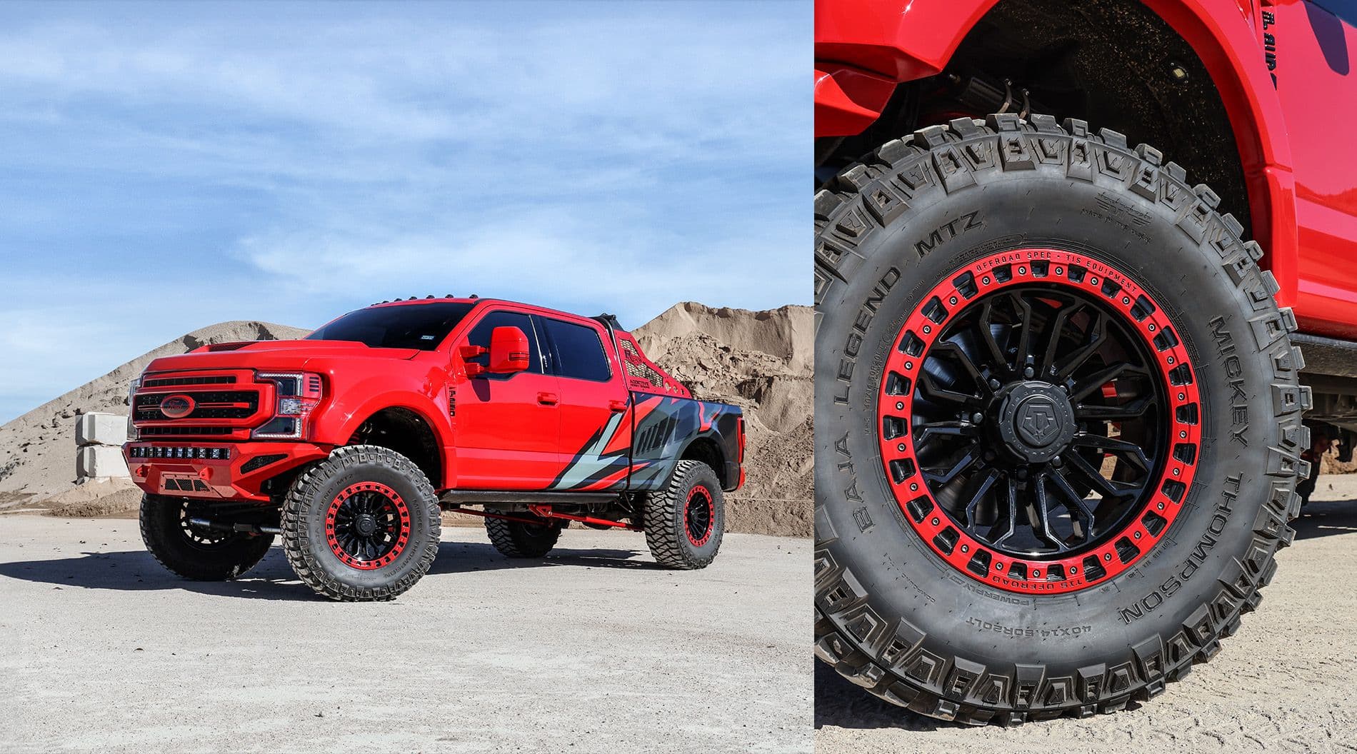 Red truck in the desert with red beadlocks on black wheels 