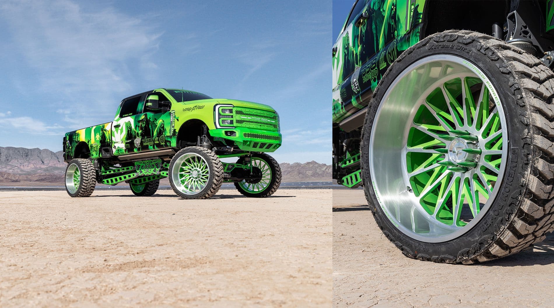 Green truck with silver and green wheels in the desert