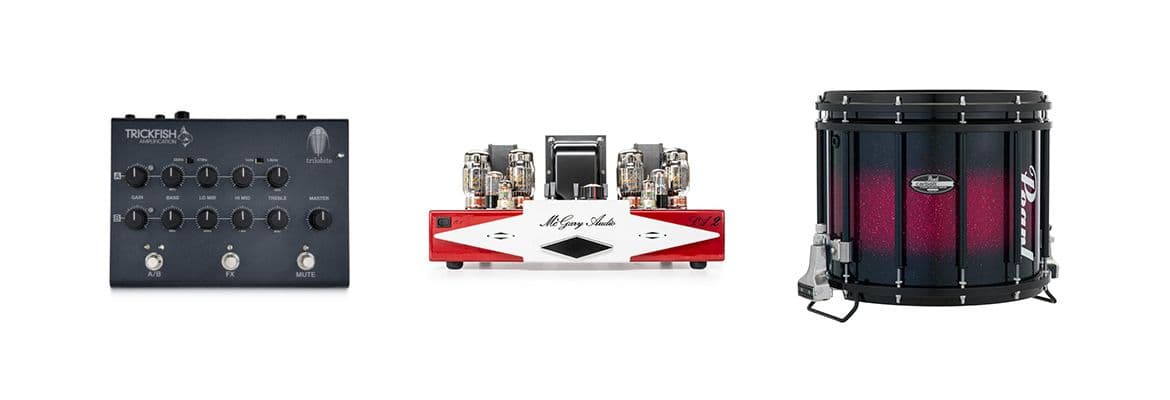 Three audio products on white