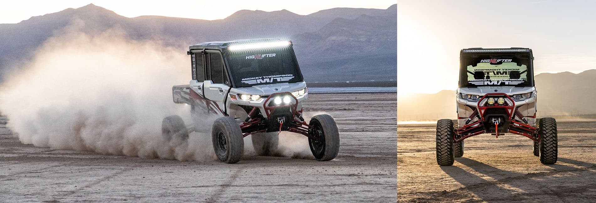 UTV in red and white driving in the desert